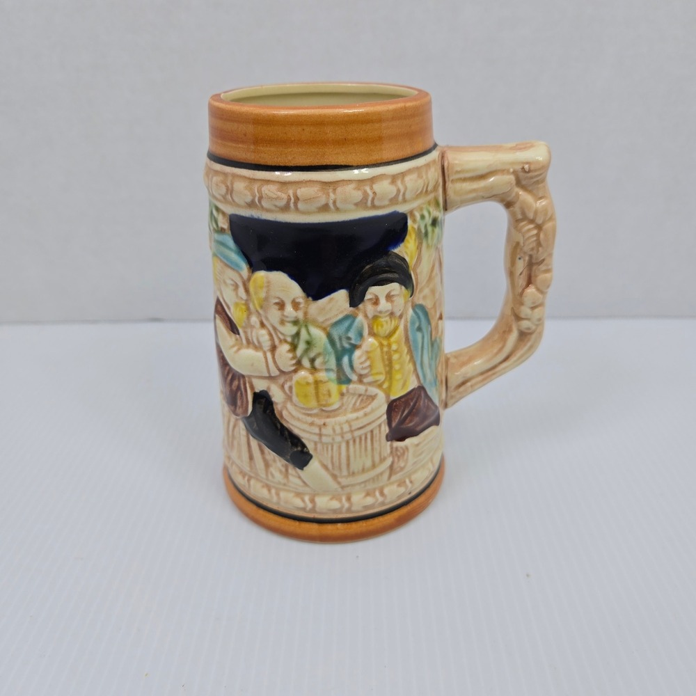 Vintage Ceramic Beer Stein Tavern Scene Relief Mug Japan German Text Brown 5in